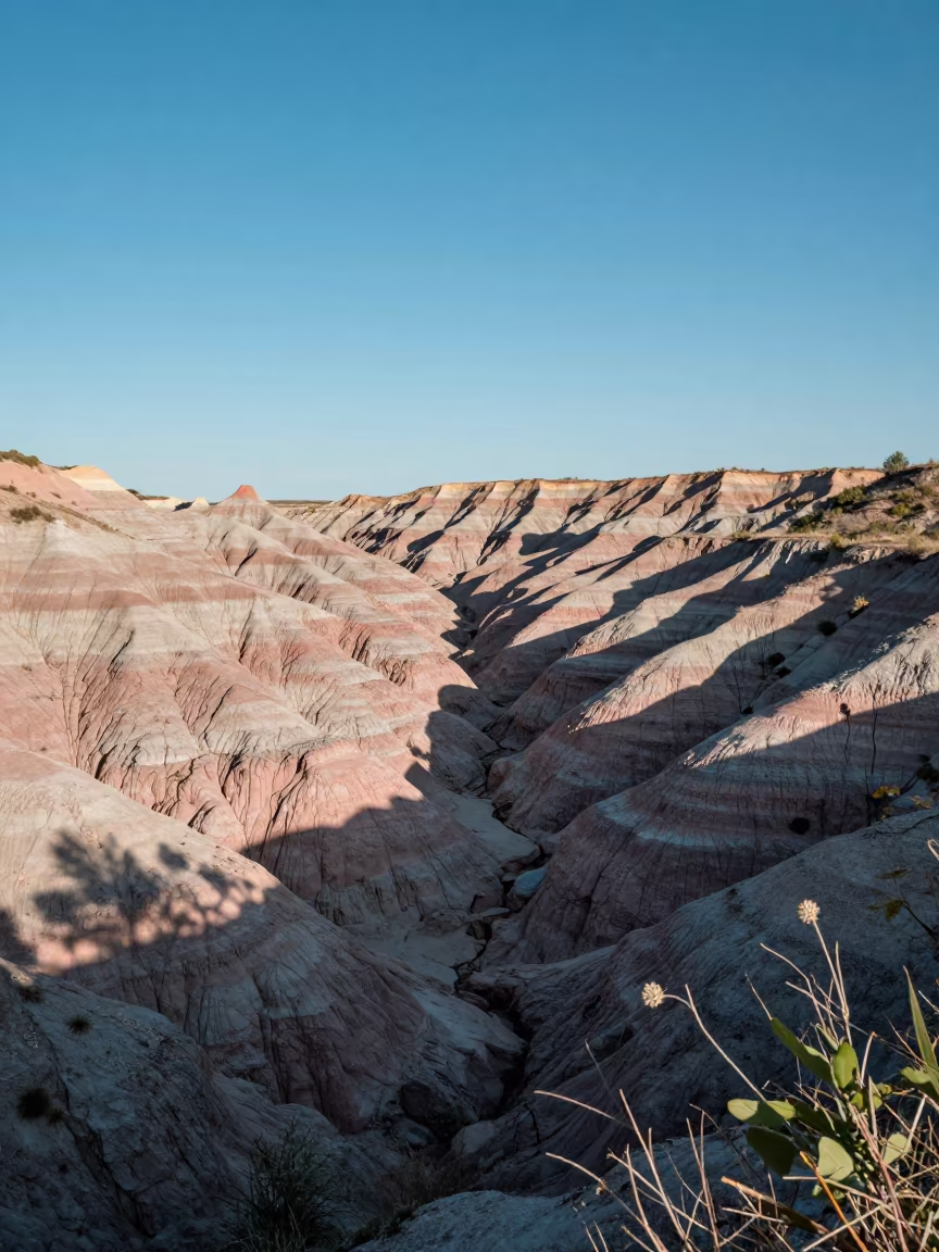 Pink Grey Badlands Canyon Ridge New Mexico Afternoon in from a ridge above layered foothills in New Mexico