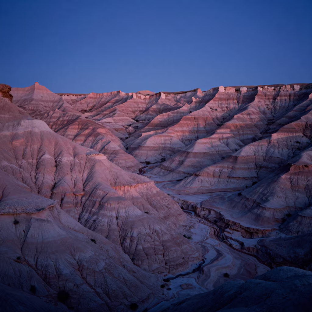 Pink Grey Badlands Canyon Shoreline Twilight in along a wave-cut shoreline in Arizona