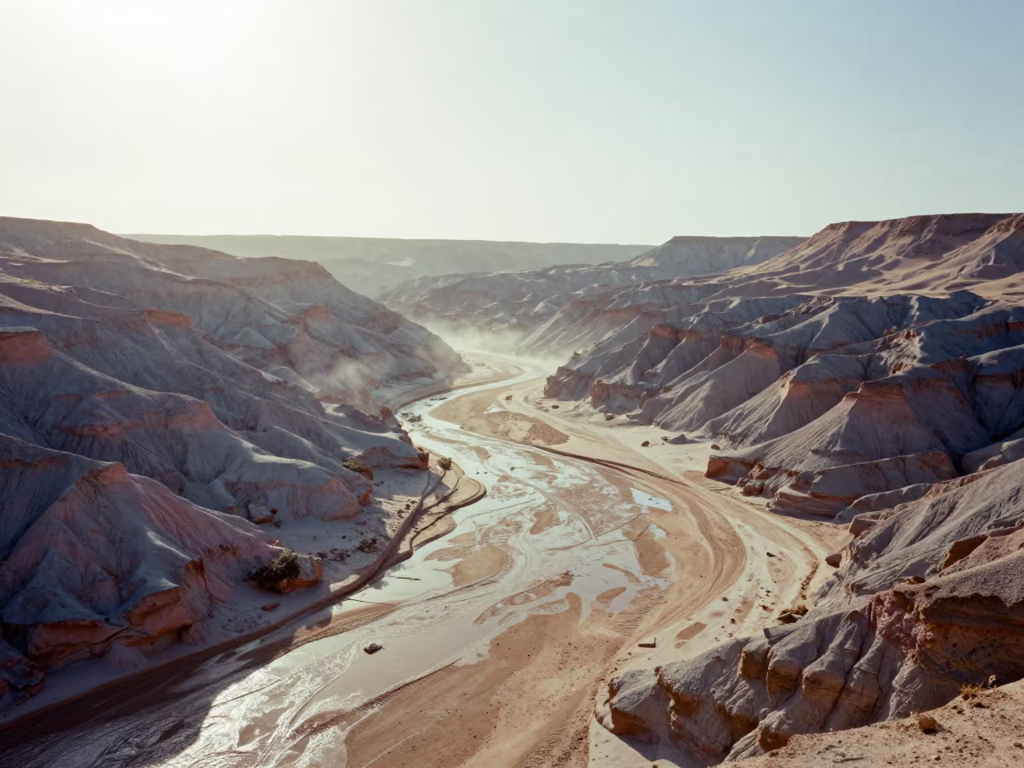 Pink Grey Badlands Canyon Silhouette Floodplain in across a floodplain after rain near Jeddah