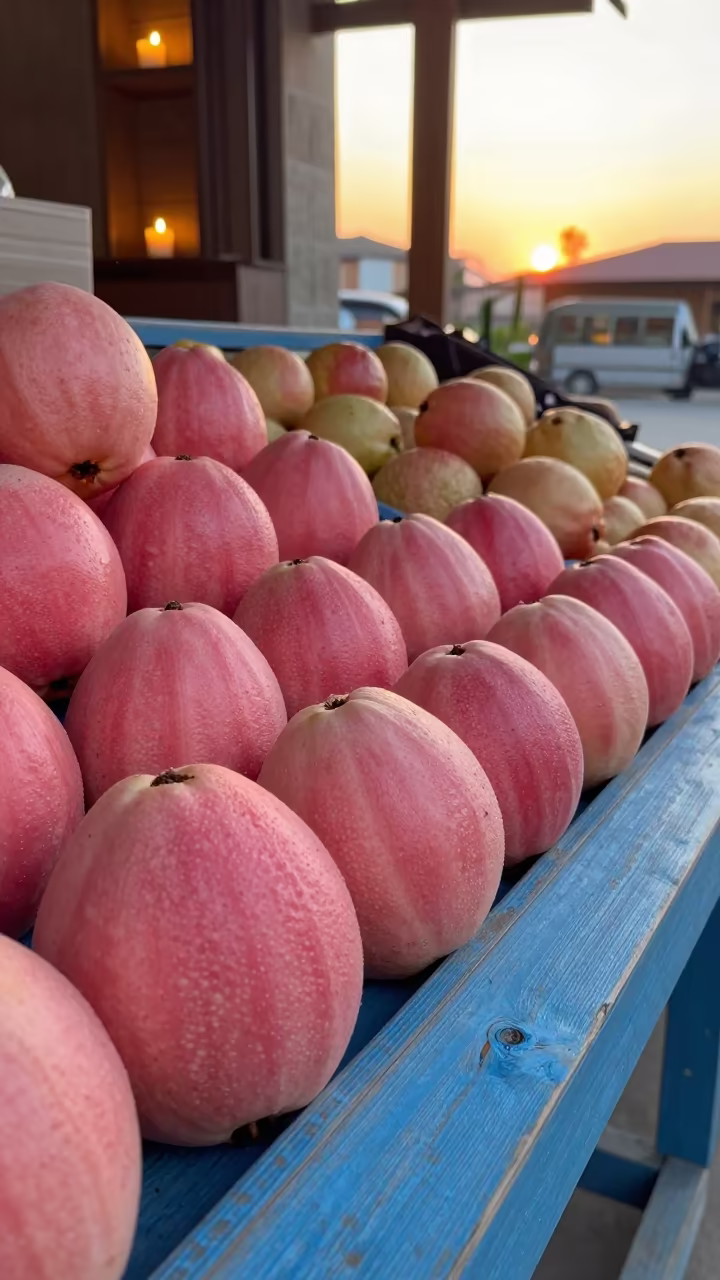 Pink Guavas on Table Near Çorum in on a painted produce display table near Çorum