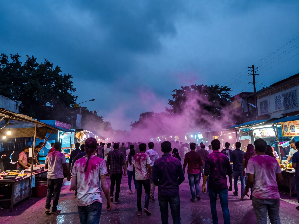 Pink Holi Powder Cloud Over Kolkata Night Market in at a night market near Sovabazar, Kolkata
