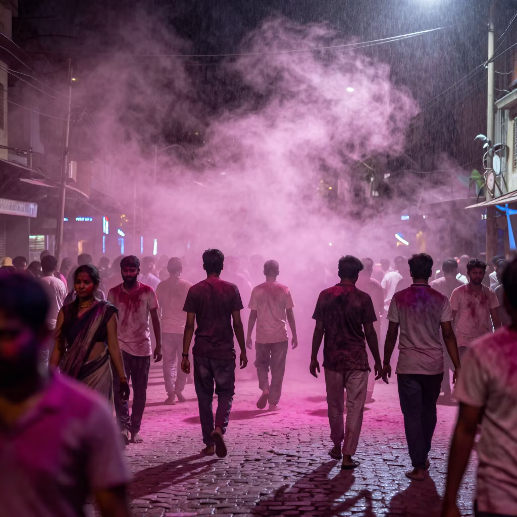 Pink Holi Powder Cloud Over Kolkata Street in at a festival street procession in Kumartuli, Kolkata