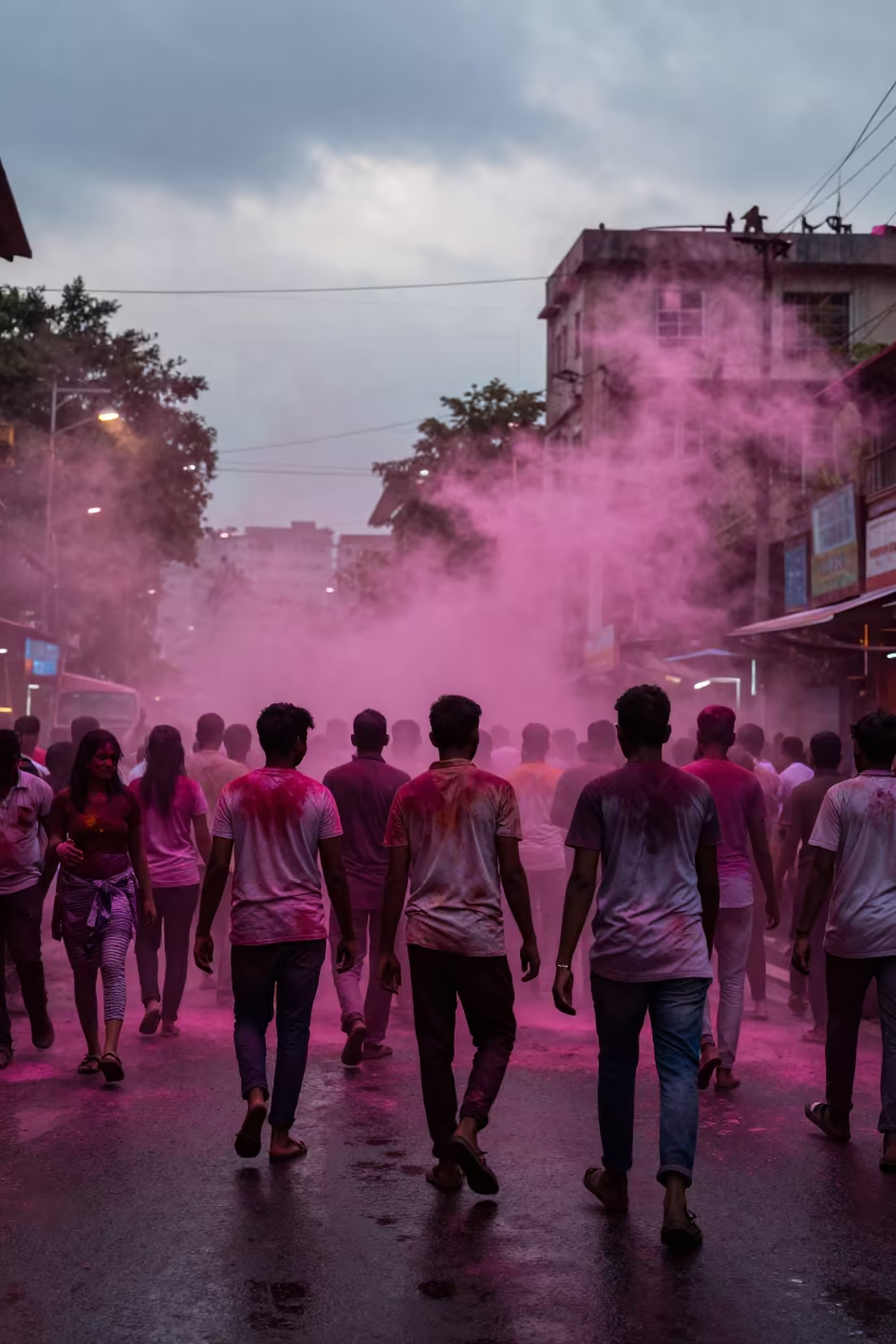Pink Holi Powder Cloud Silhouetted at Worli Twilight in at a festival street procession in Worli, Mumbai
