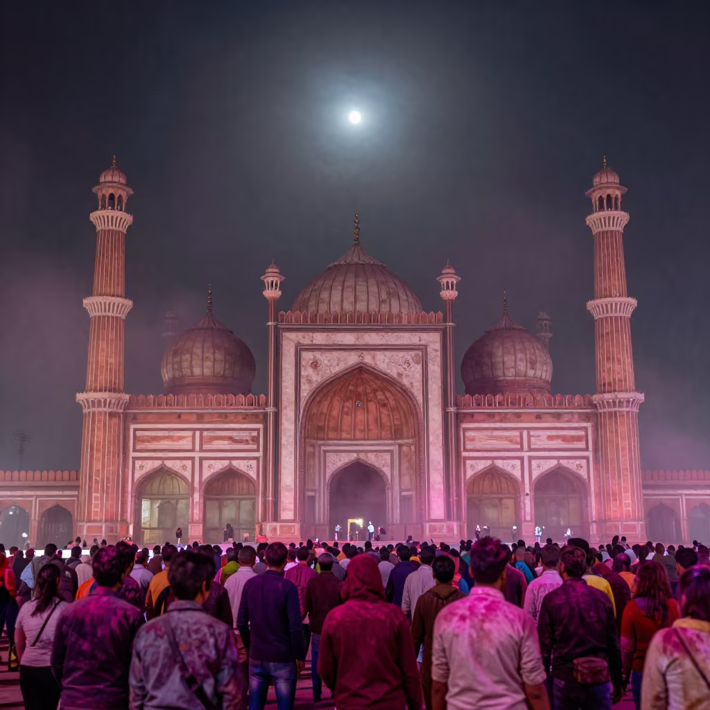 Pink Holi Powder Cloud Over Winter Night Crowd in at a waterfront celebration in Jama Masjid, Delhi