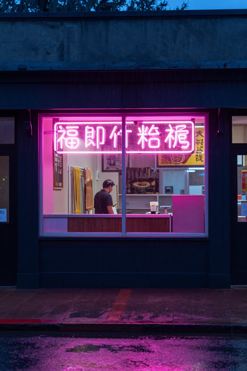 Pink Neon Glow on Wet Savannah Pavement in outside a shop window after rain near Savannah