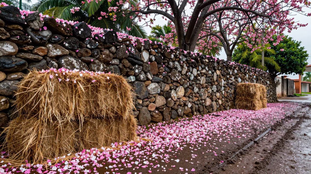 Pink Petals on Stone Wall Beside Hay Bales in beside stacked hay bales near Oaxaca