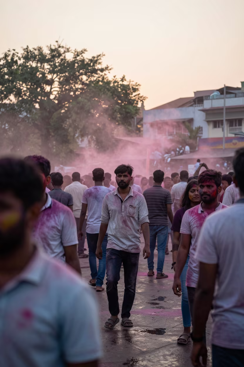 Pink Powder Cloud Over Kolkata Crowd at Sunset in at a public square during a festival in New Market, Kolkata