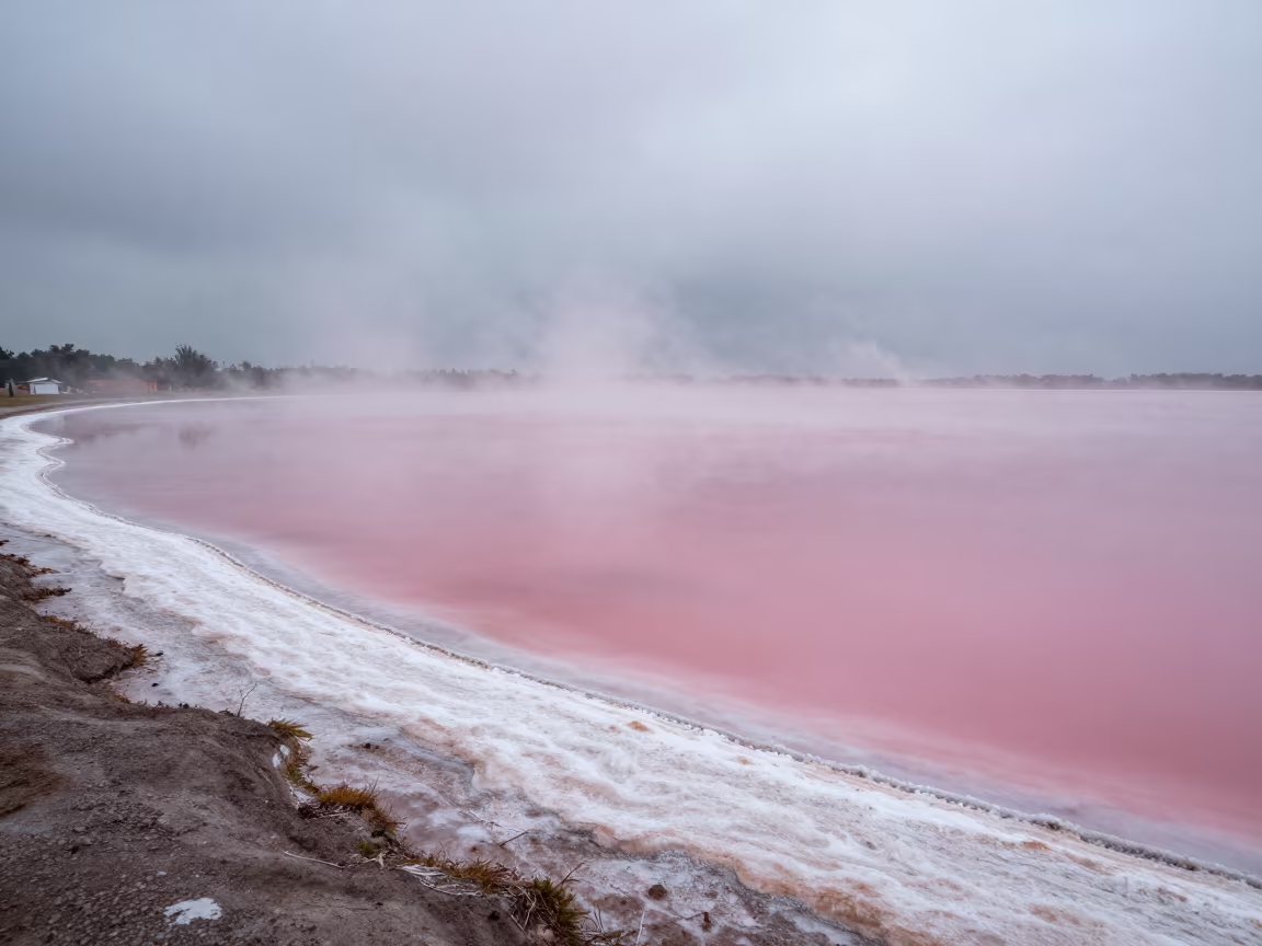 Pink Salt Lake Downward Steam Morning Rain in along a wave-cut shoreline near Guangzhou