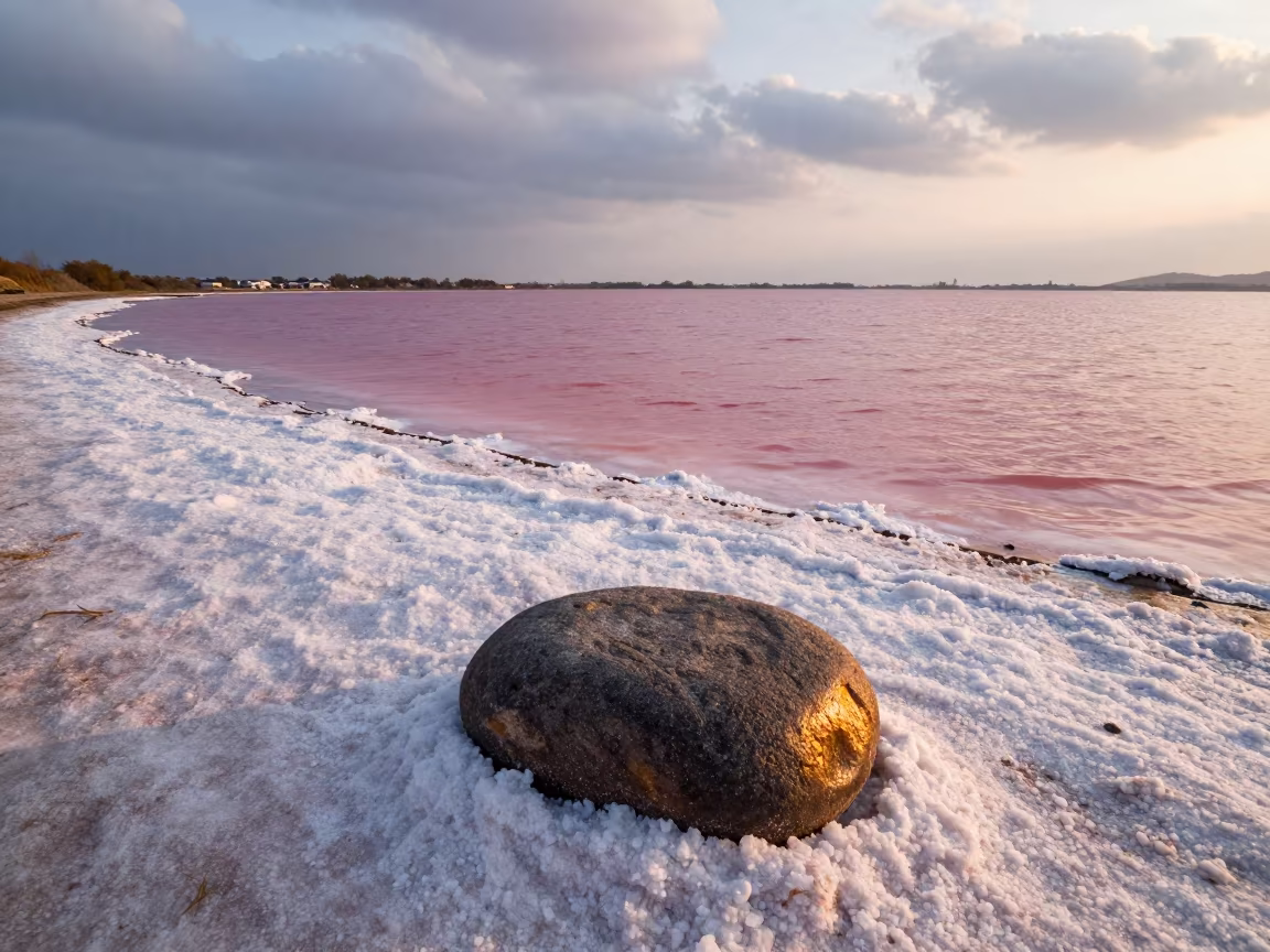 Pink Salt Lake Shore Glowing Object in along a wave-cut shoreline near Xiamen