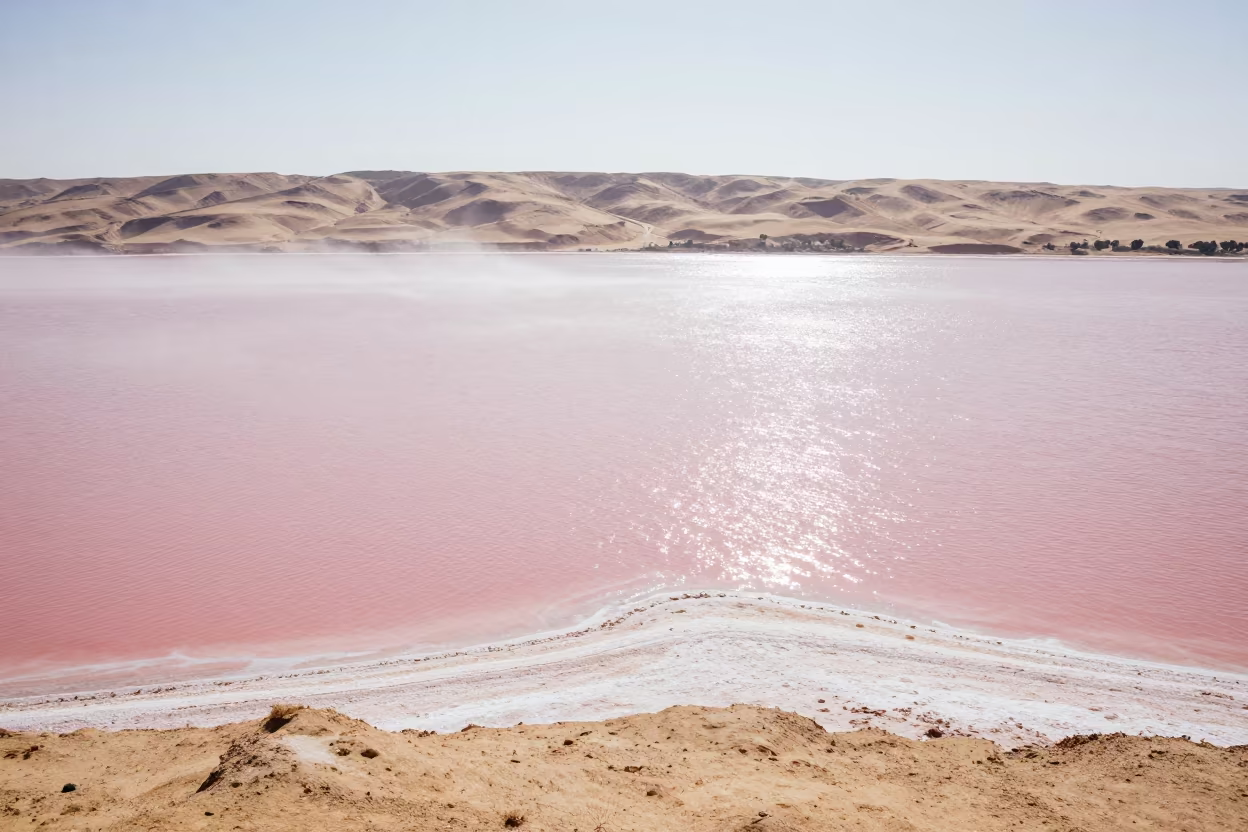 Pink Salt Lake and White Crystals Near Cairo in from a ridge above layered foothills near Cairo