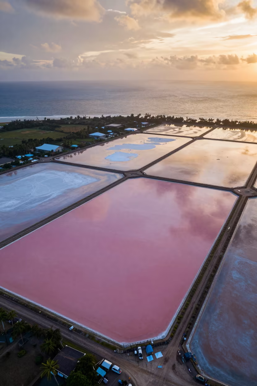 Pink Salt Ponds Under Amber Sunset Sky in far above surf-scalloped coastline in Philippines