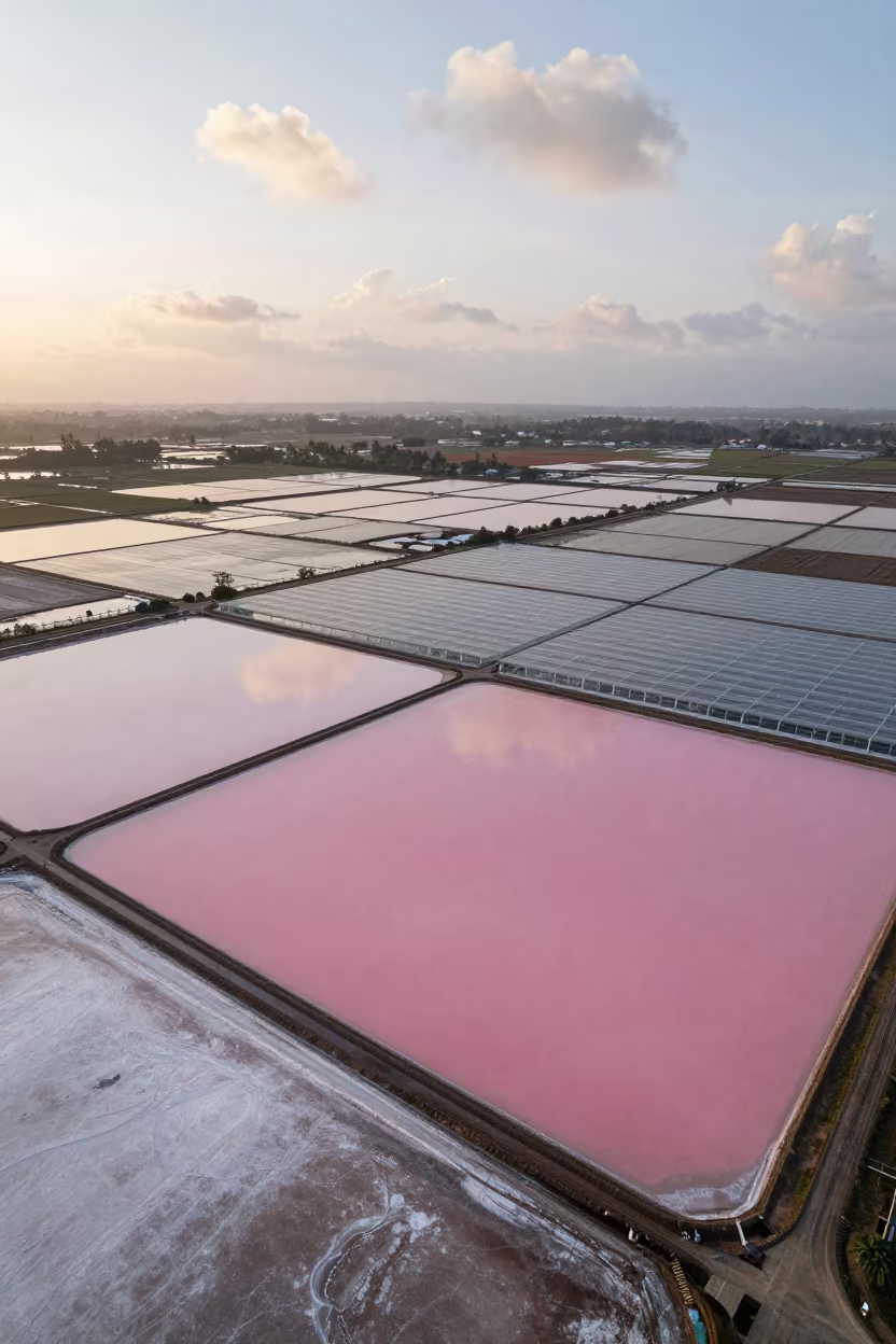 Pink Salt Ponds Over Java Greenhouse Grids in high over greenhouse grids in Java