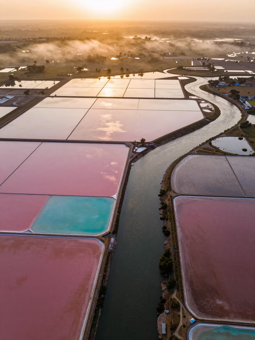 Pink and turquoise salt ponds aerial view Congo in high above braided river channels in Congo