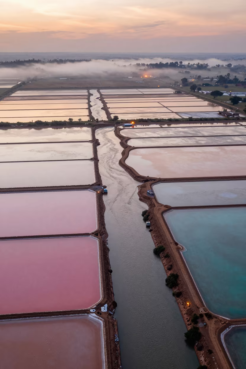 Pink Turquoise Salt Ponds Malawi Sunset in high above braided river channels in Malawi