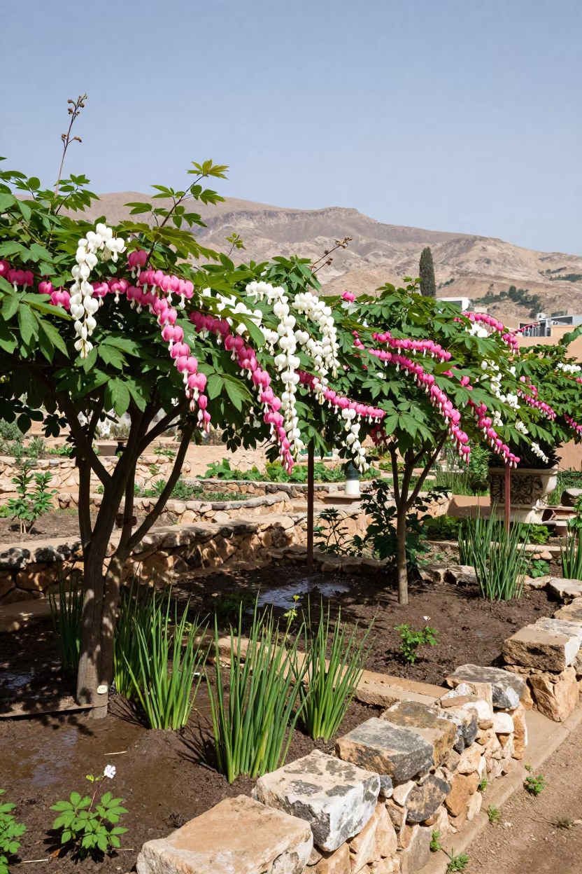 Pink White Bleeding Heart Vine Terraced Garden Tlemcen in among terraced garden plots near Tlemcen