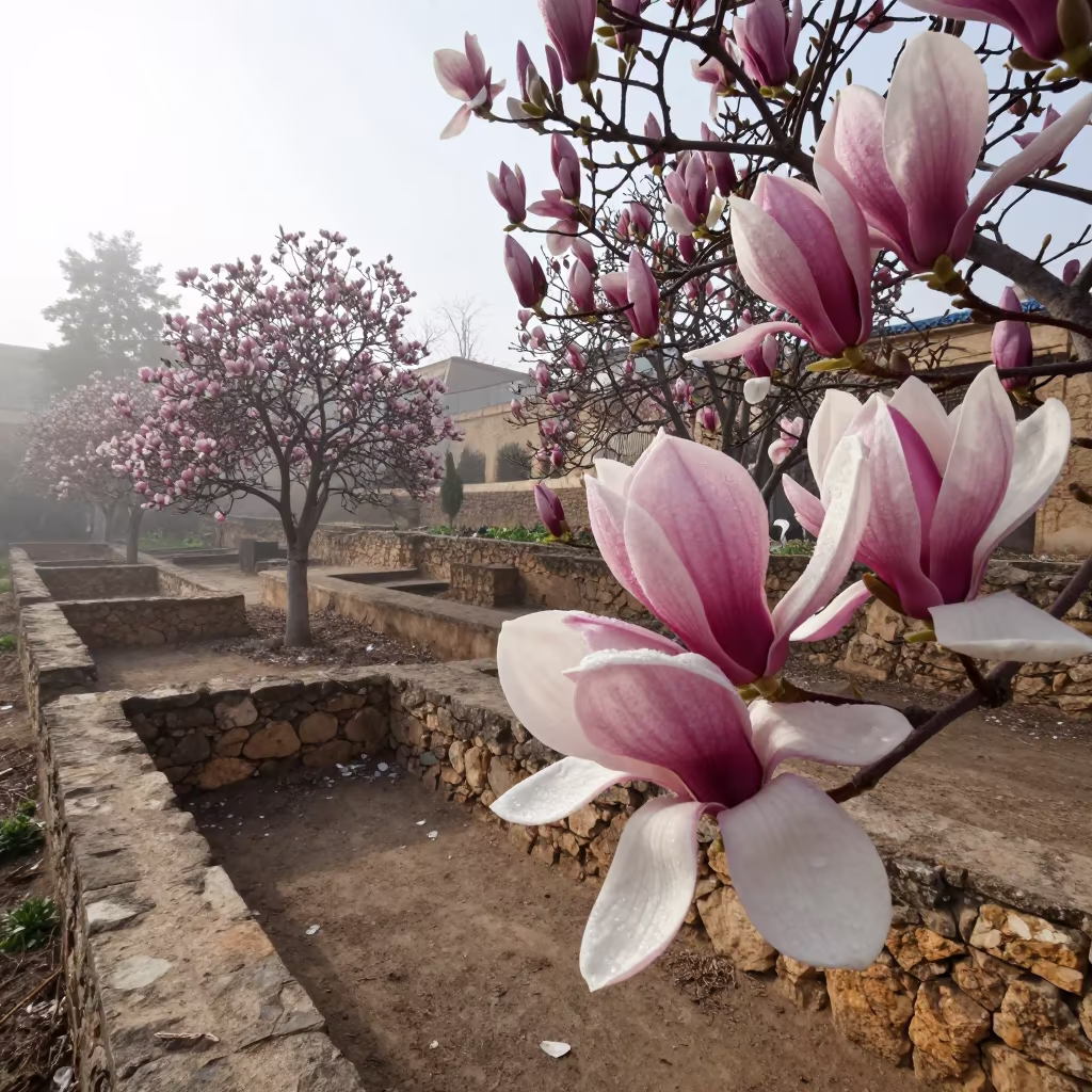 Pink White Magnolia Blooms in Fez Mist in among terraced garden plots near Fez el-Bali, Fez