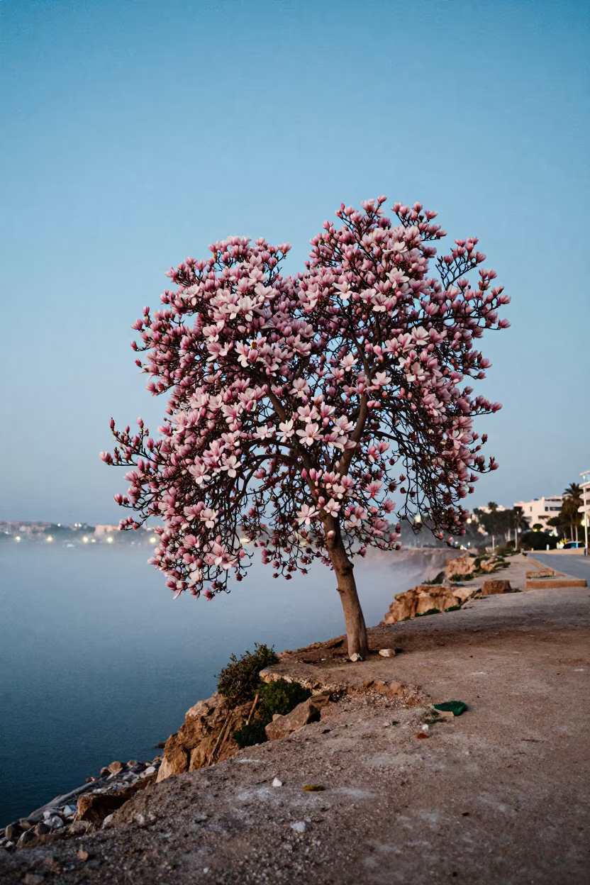 Pink White Magnolia Blooms on Port Said Cliff in along a salt-sprayed cliff edge near Port Said