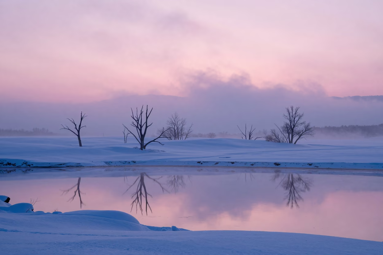 Pink Winter Dawn Over Misty Snow Fields Near Sapporo in near Sapporo