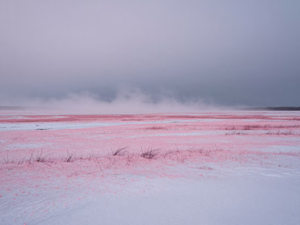 Pink Winter Dawn Over Siberian Snow Fields in across a floodplain after rain in Siberia