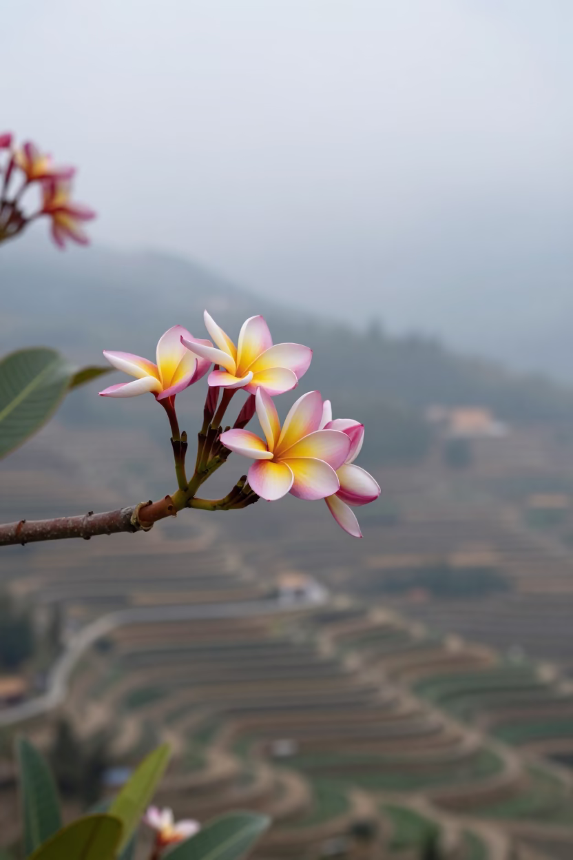 Pink Yellow Frangipani Branch Himalayan Garden Dawn in among terraced garden plots in the Himalayas
