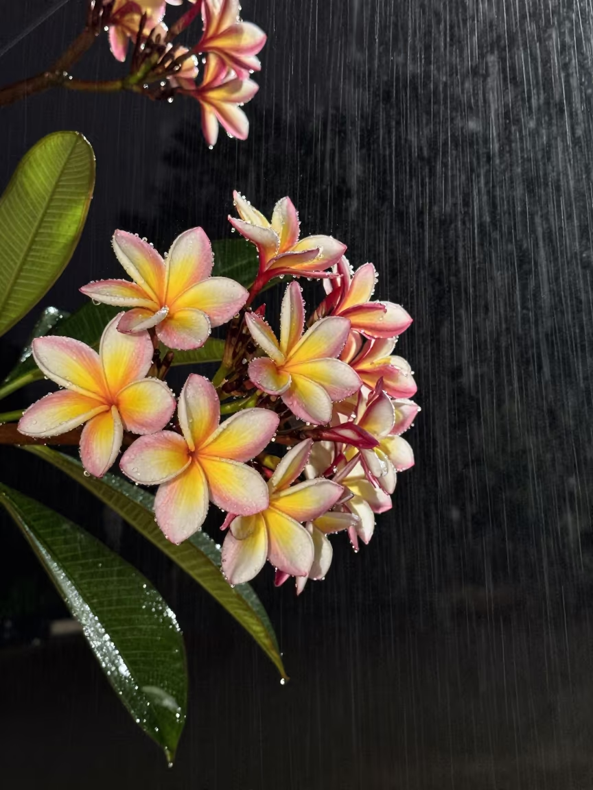Pink Yellow Frangipani in Winter Rain Night in near Lubeck