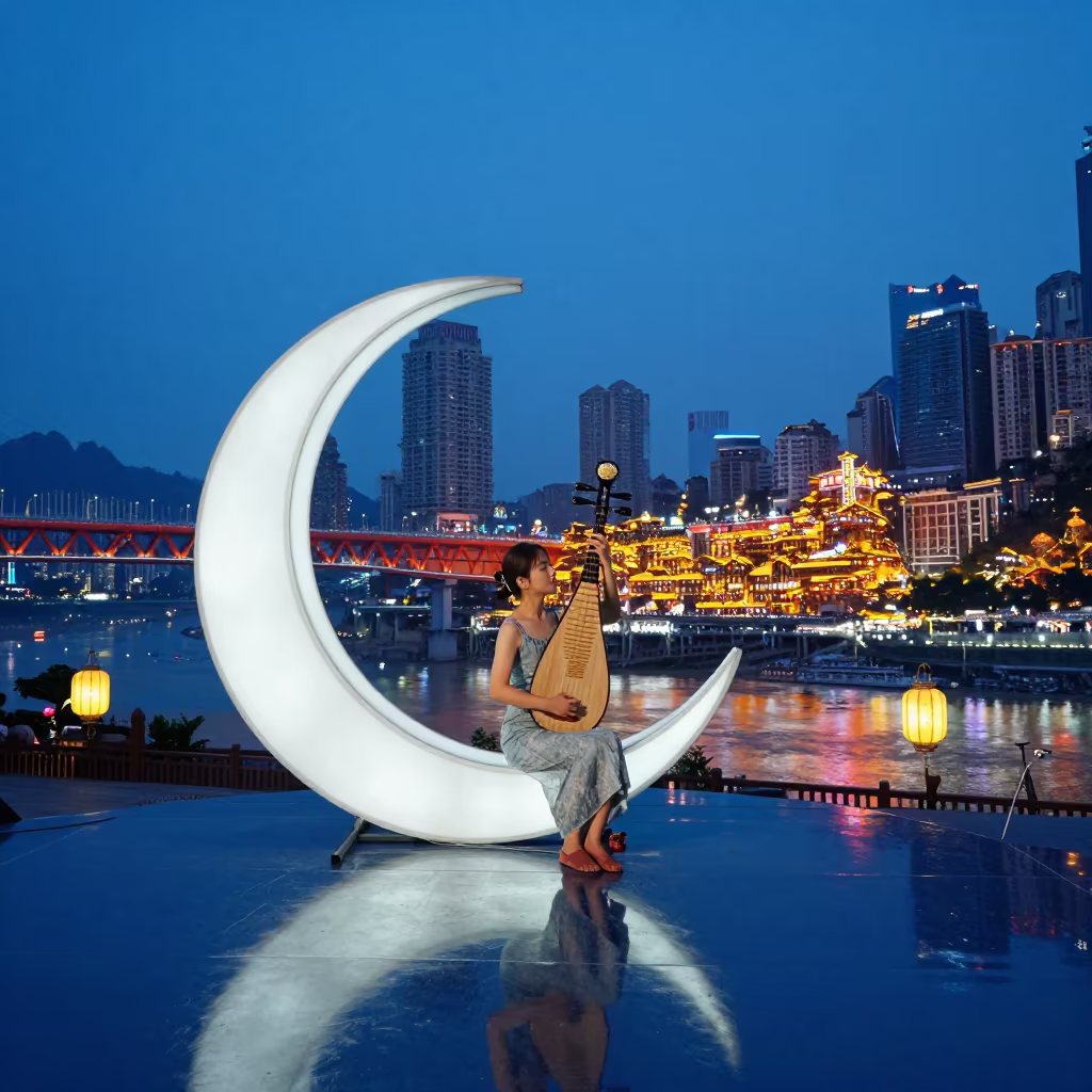 Pipa Player on Moon Stage by Chongqing Harbor in beside a lantern-dotted harbor near Chongqing