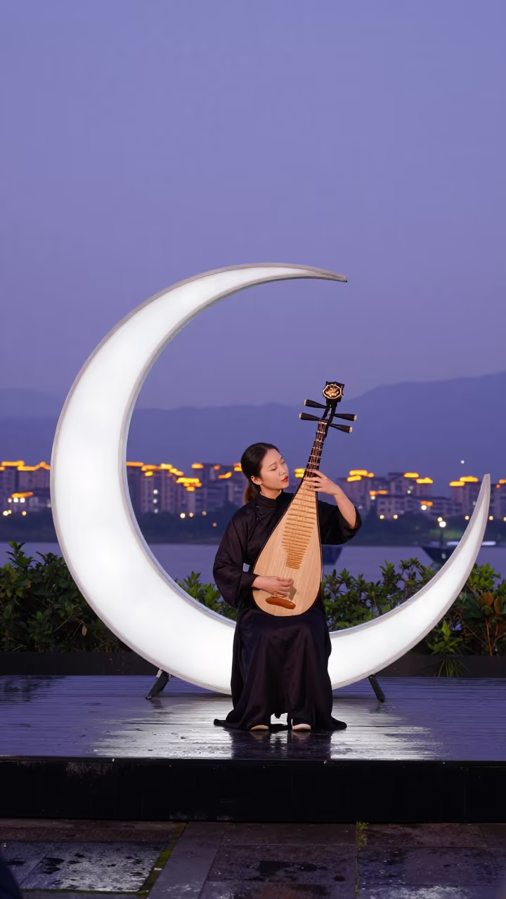 Pipa Player on Moon Stage Fuzhou Blue Hour in beneath a moon-washed horizon near Fuzhou
