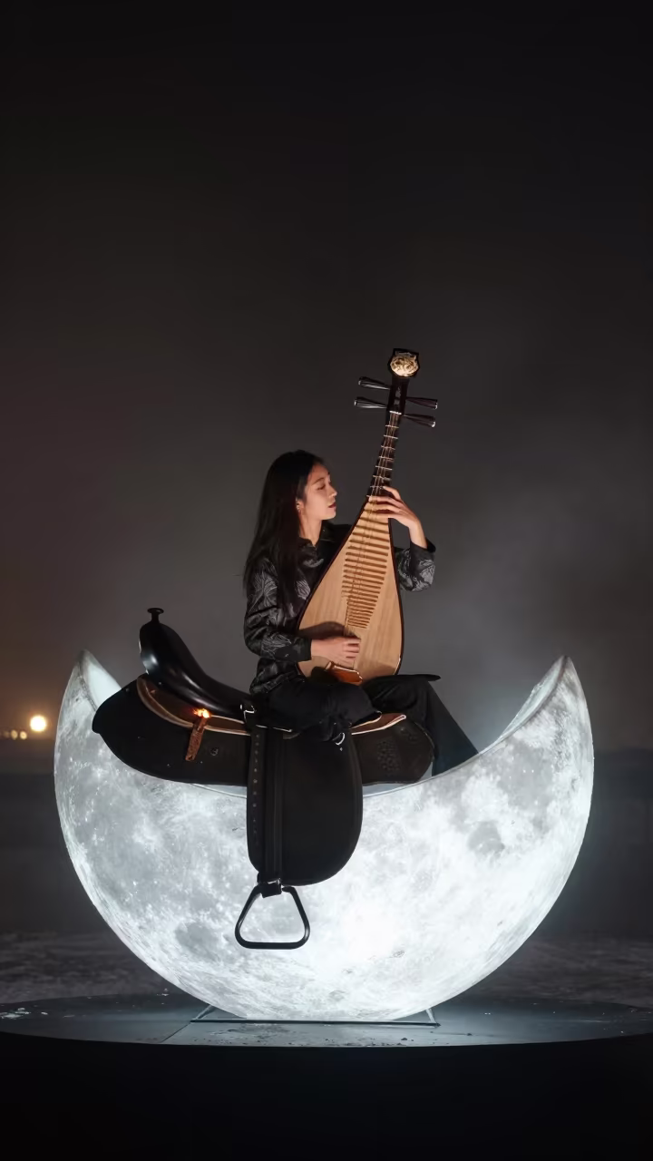 Pipa Player on Moon Stage in Miami Winter Night in from a quiet alpine saddle near Miami