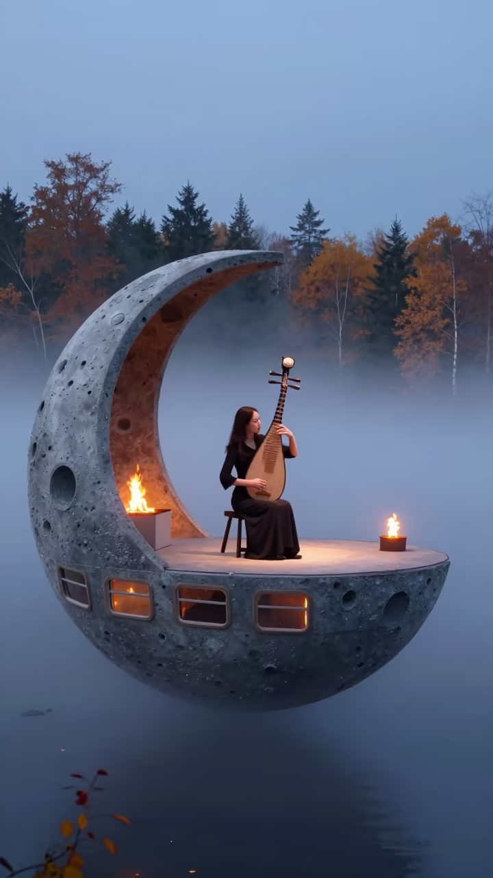 Pipa Player on Moon Stage in Misty Latvia Night in under the clearest stretch of sky in Latvia