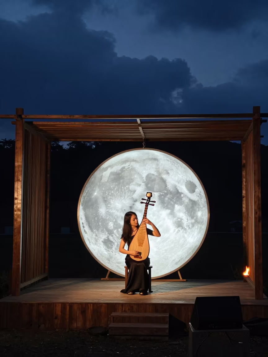 Pipa Player Under Moonlit Georgia Night Sky in under a band of cold starlight in Georgia