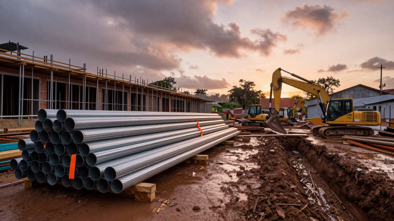 Pipe Laydown Yard in Amber Monsoon Light in beside a framed building shell in Dominican Republic
