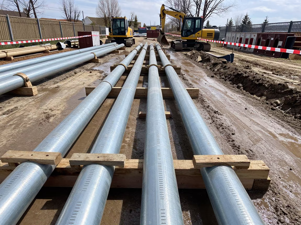 Pipe Laydown Yard Cribbing Under Noon Sun in inside a taped-off excavation edge in Bulgaria