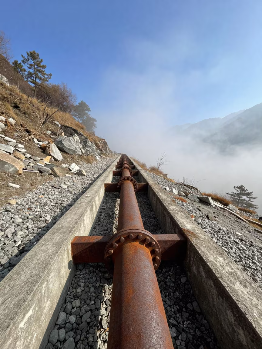 Pipe Support Disappearing Into Fog Along Sikkim Dam in along a dam spillway in Sikkim