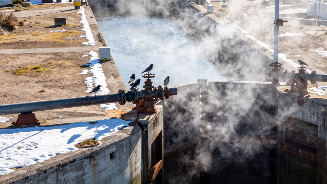 Pipe Support in Fog and Snow at Canal Lock in at a canal lock chamber in Uruguay