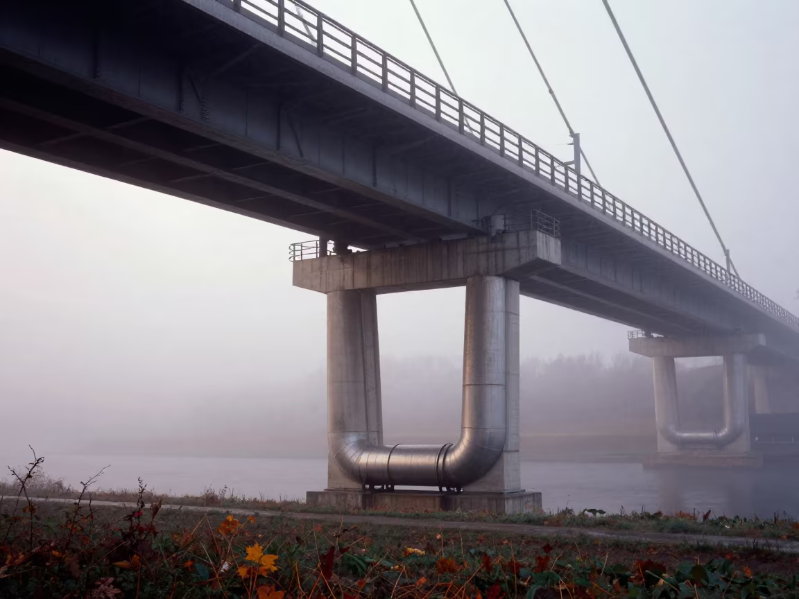 Pipe Support Vanishing in Fog Under Bridge Slovenia in under a cable-stayed bridge span in Slovenia