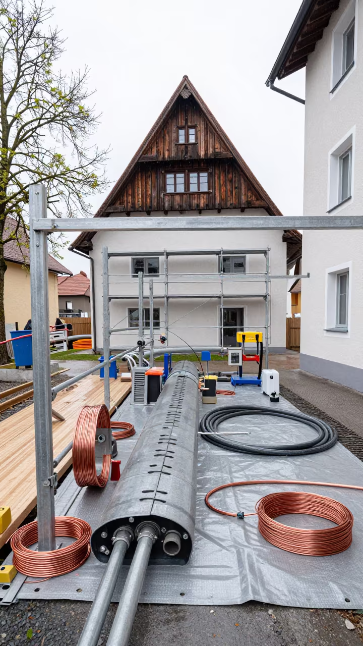 Pipe Threader Station Bavarian Scaffold Noon in along a scaffolded facade in Bavaria