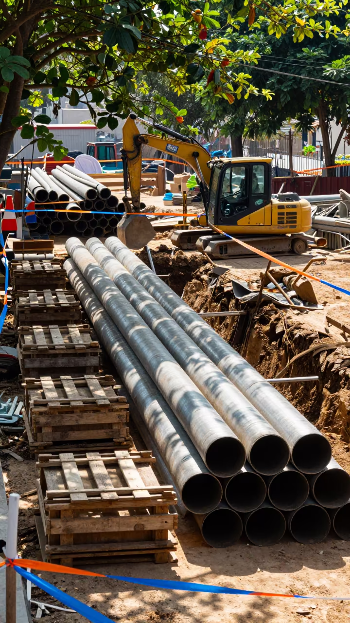 Pipe Yard Cribbing Blocks Under Dappled Afternoon Light in inside a taped-off excavation edge in Da Nang
