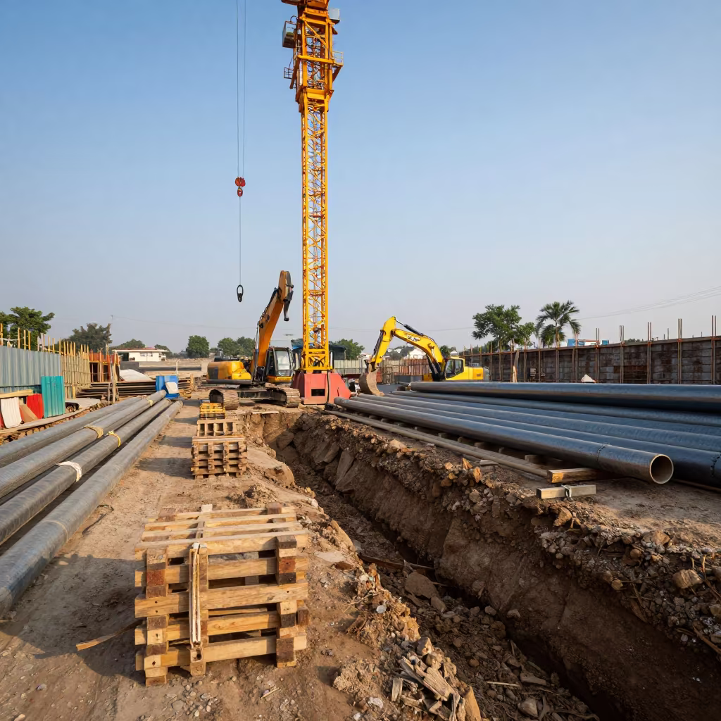 Pipe Yard Cribbing Blocks Under Tower Crane in Winter in beneath a tower crane on open ground in Bangladesh