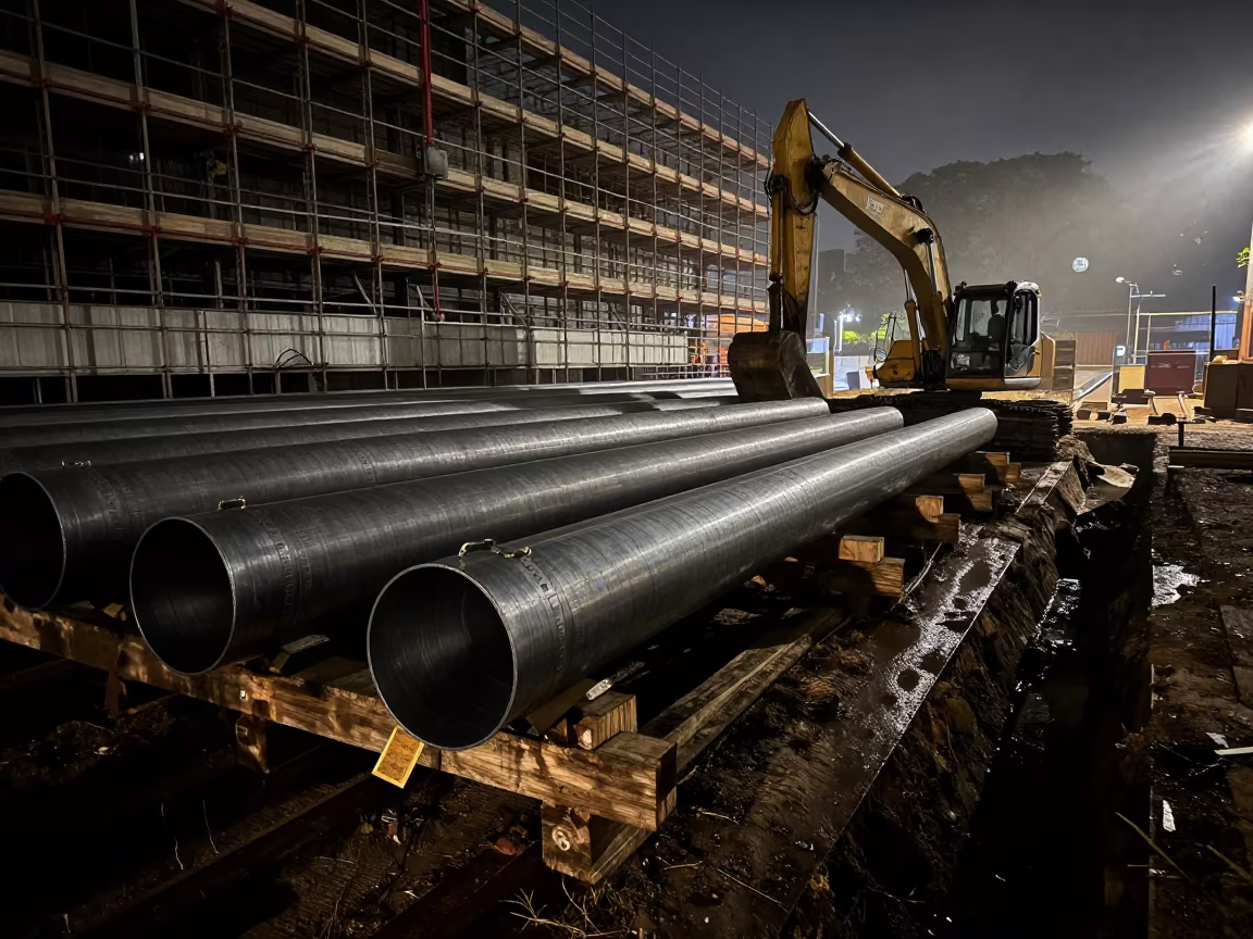 Pipe Yard Midnight Trench Singapore in along a scaffolded facade in Singapore