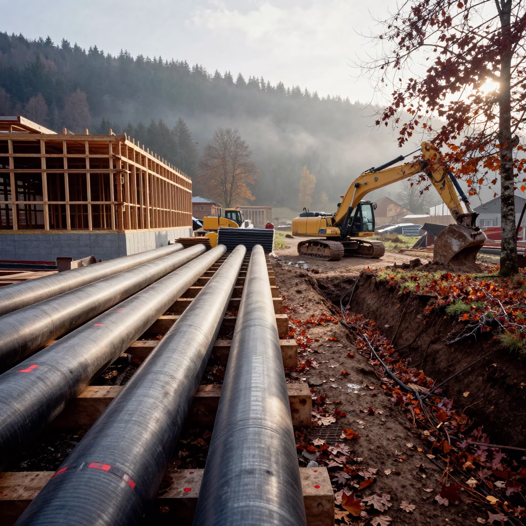 Pipe Yard Morning Haze Autumn Construction in beside a framed building shell in the Black Forest