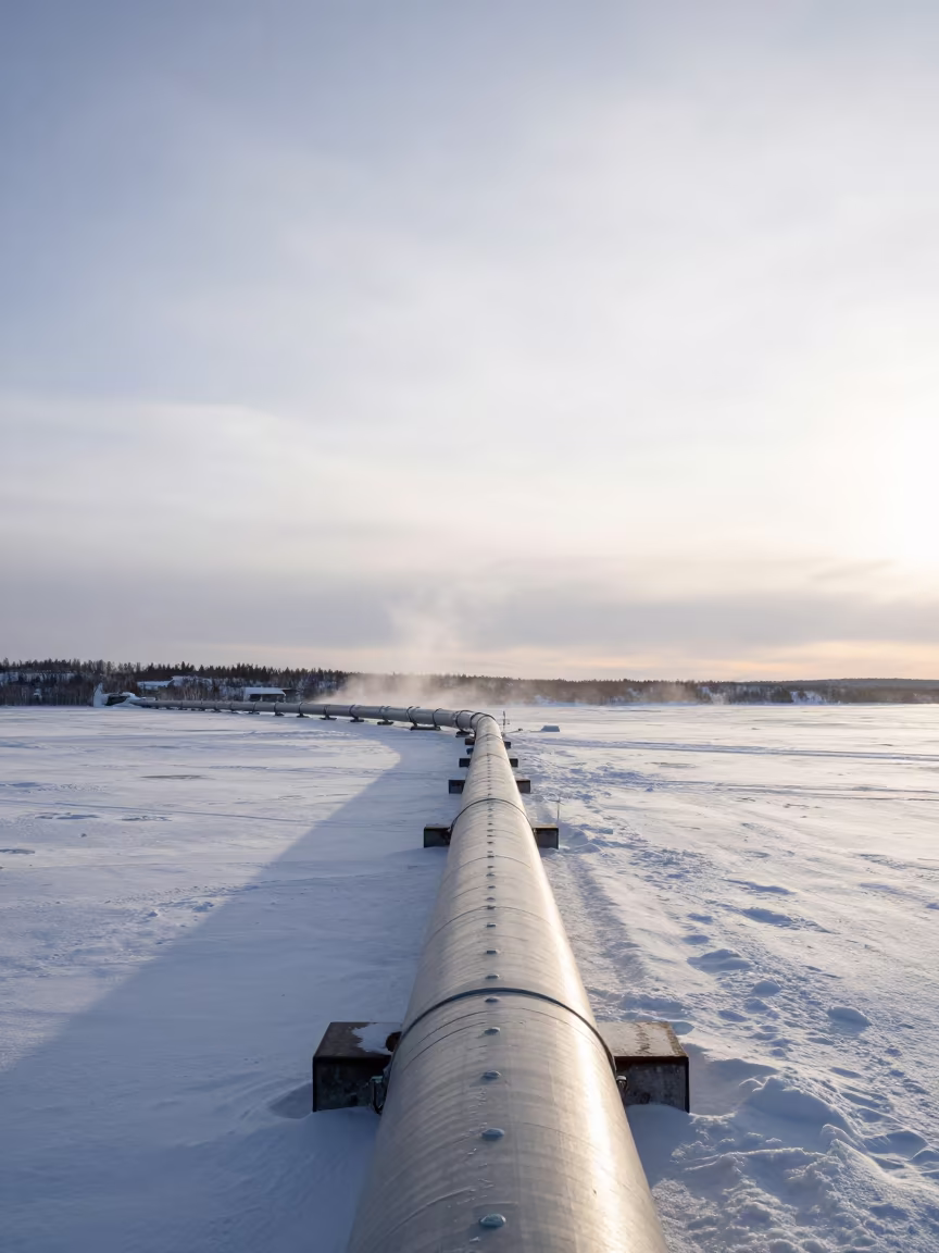 Pipeline Across Frozen Tundra at Polar Night in beside a storm surge barrier near Rovaniemi