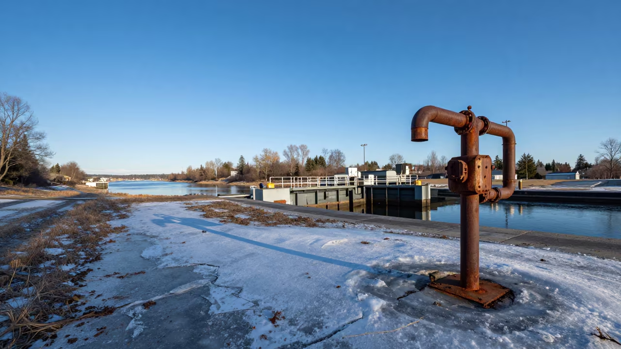 Pipeline Marker Under Blue Sky at Canal Lock in at a canal lock chamber in Vancouver