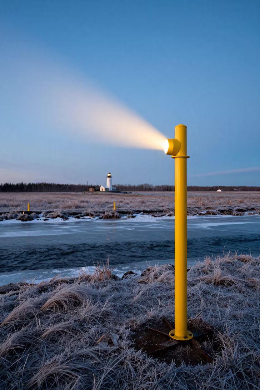 Pipeline Marker on Frozen Anchorage Levee in along a levee path above floodwater near Anchorage