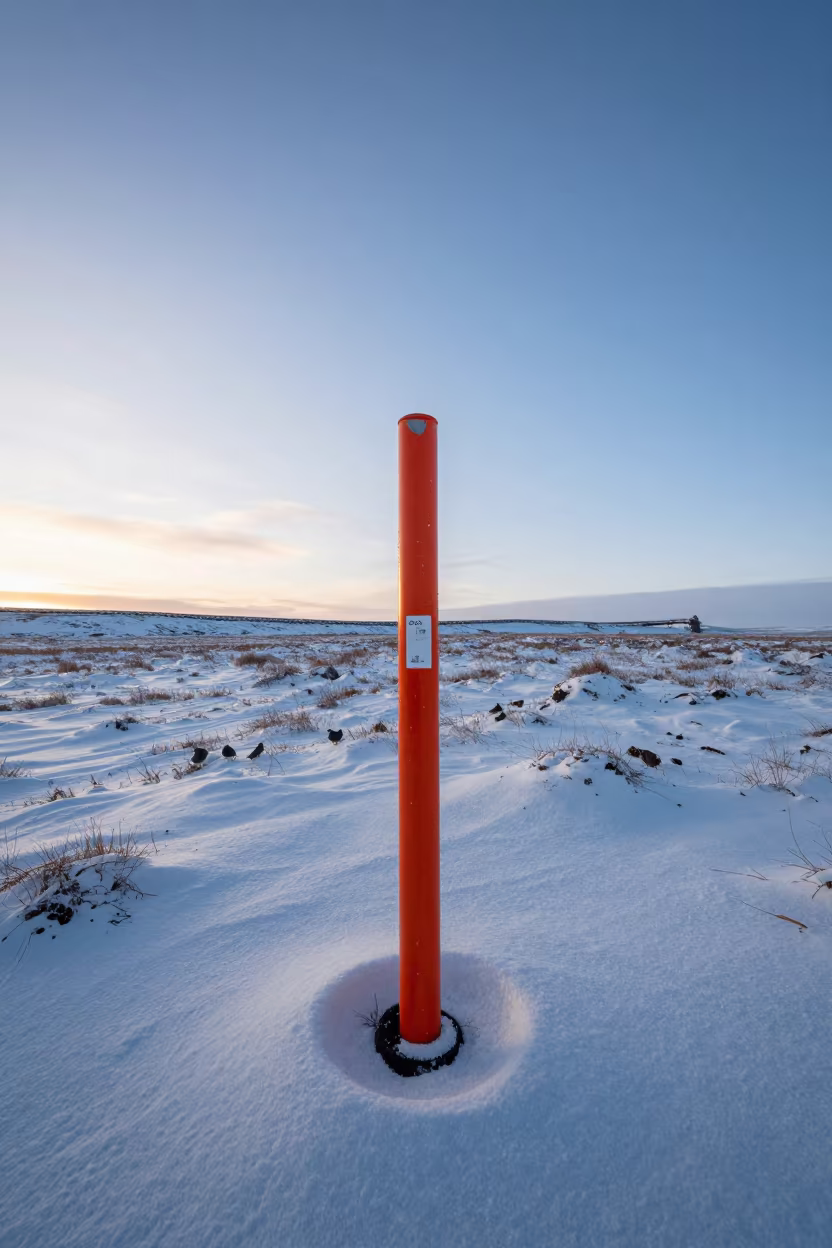 Pipeline Marker Over Frozen Icelandic Pasture in beside a storm surge barrier in Iceland