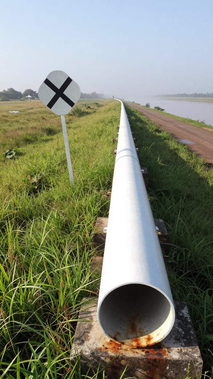 Pipeline Sign Leaning in Foggy Brazilian Grassland in along a levee path above floodwater in Brazil