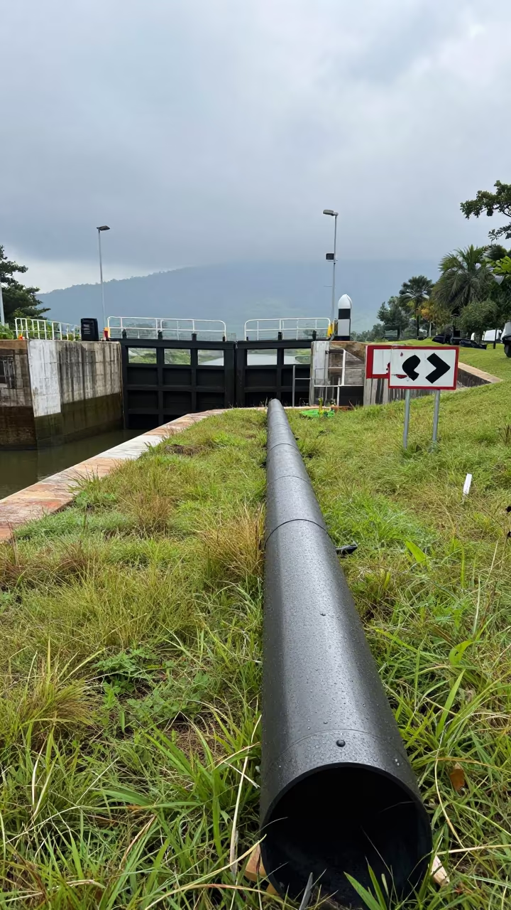 Pipeline Sign Leaning in Wet Grassland Sri Lanka in at a canal lock chamber in Sri Lanka