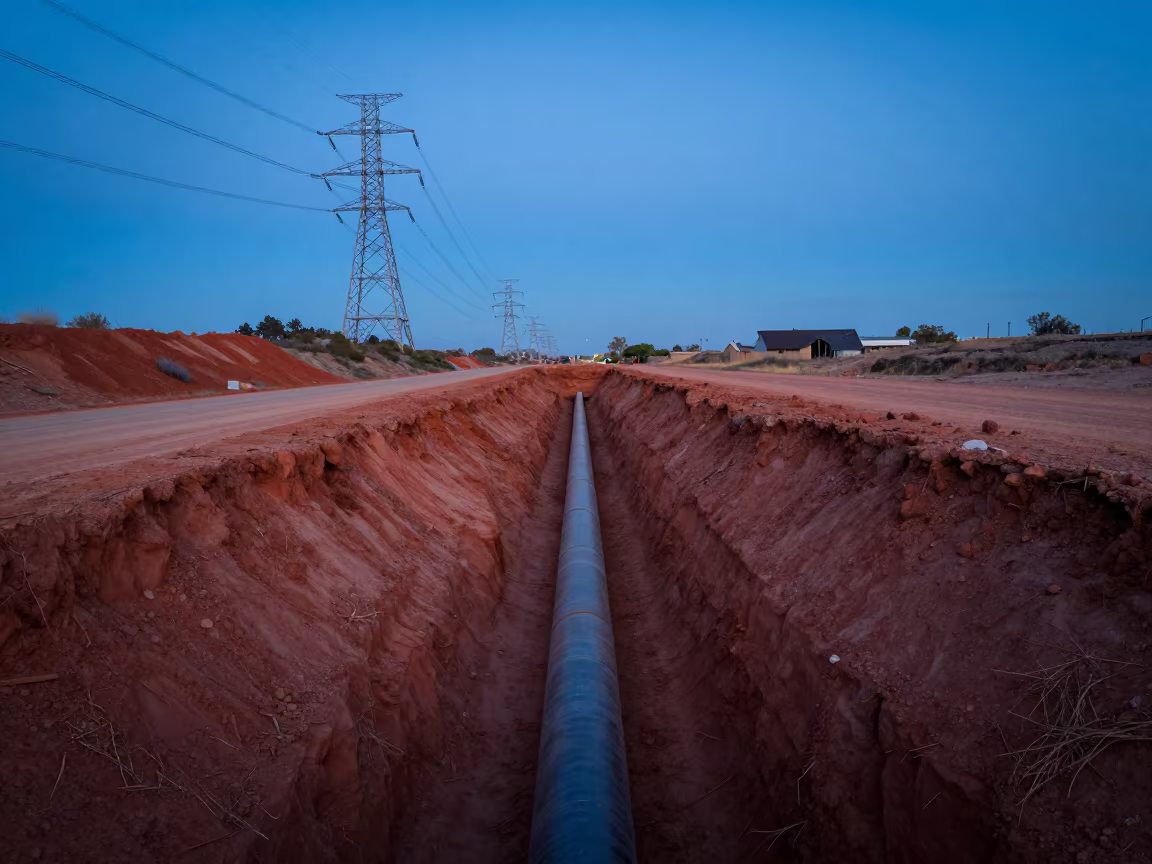 Pipeline Trench Beneath Red Dirt Road at Dusk in beneath transmission towers near Los Angeles