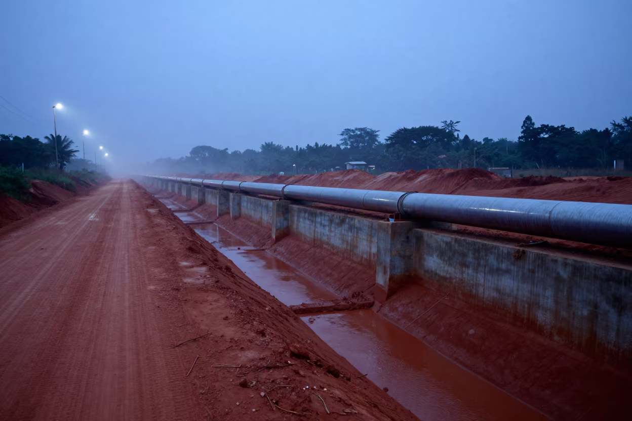 Pipeline Trench Under Red Road at Dusk in beside a storm surge barrier in Ogbomosho