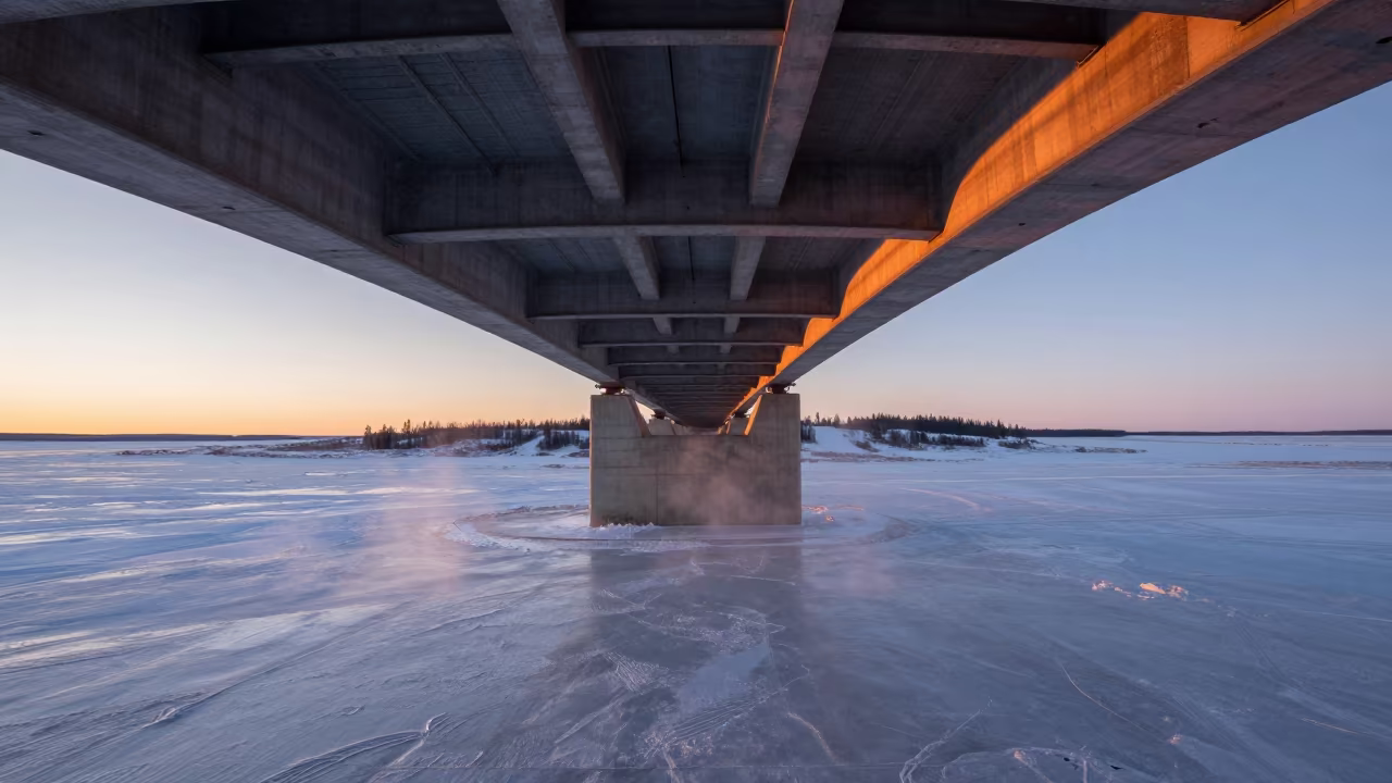Pipeline Under Bridge in Copper Light in under a cable-stayed bridge span in Northwest Territories