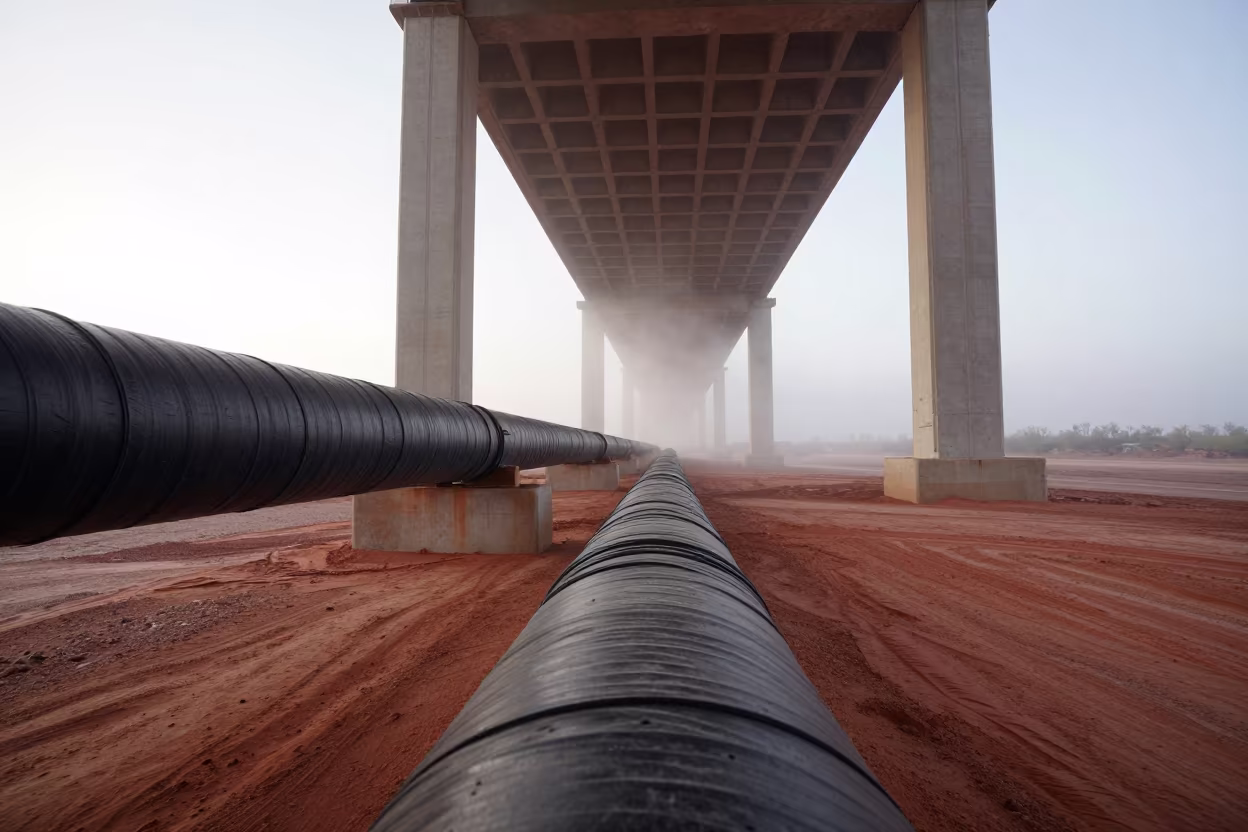 Pipeline Weld Seam Wrapped in Tar Under Phoenix Bridge in under a cable-stayed bridge span in Phoenix